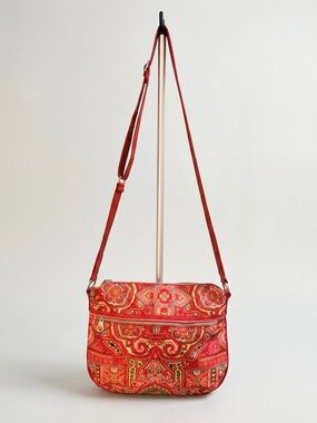 Oilily Red Pink Paisley Floral Crossbody Bag Purse Vintage Retro Boho